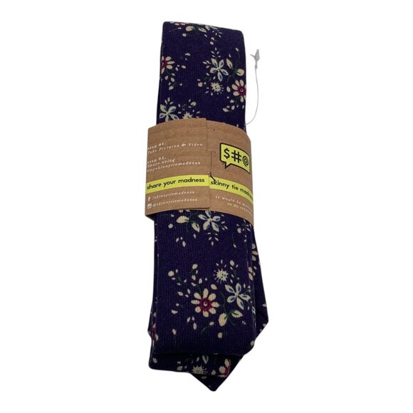 Skinny Tie Madness Mens Floral Blue Cotton Multicolor Skinny Neck Tie Flowers - Picture 14 of 14